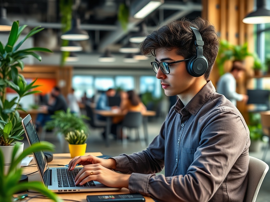 Молодой человек в наушниках работает за ноутбуком в современном офисе с зелеными растениями вокруг.