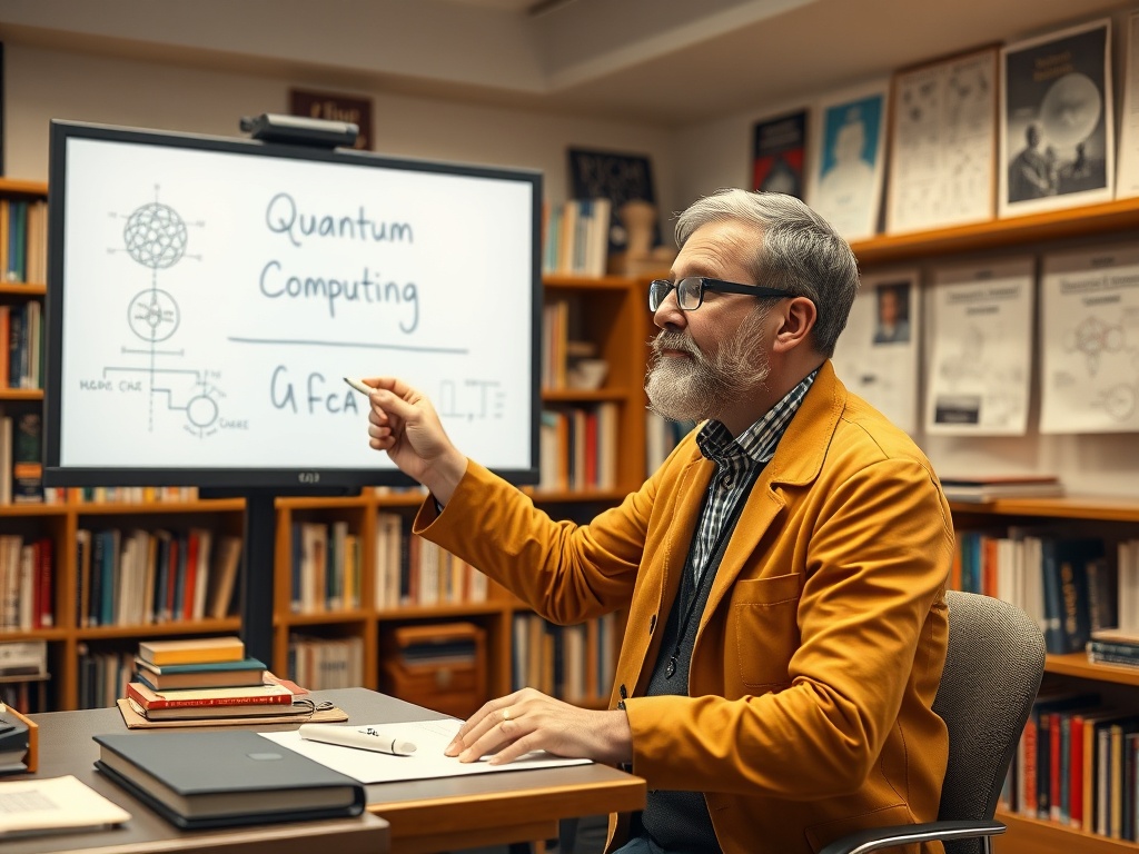 Профессор объясняет квантовые вычисления. На экране — схемы и формулы, книги на столе и полках.