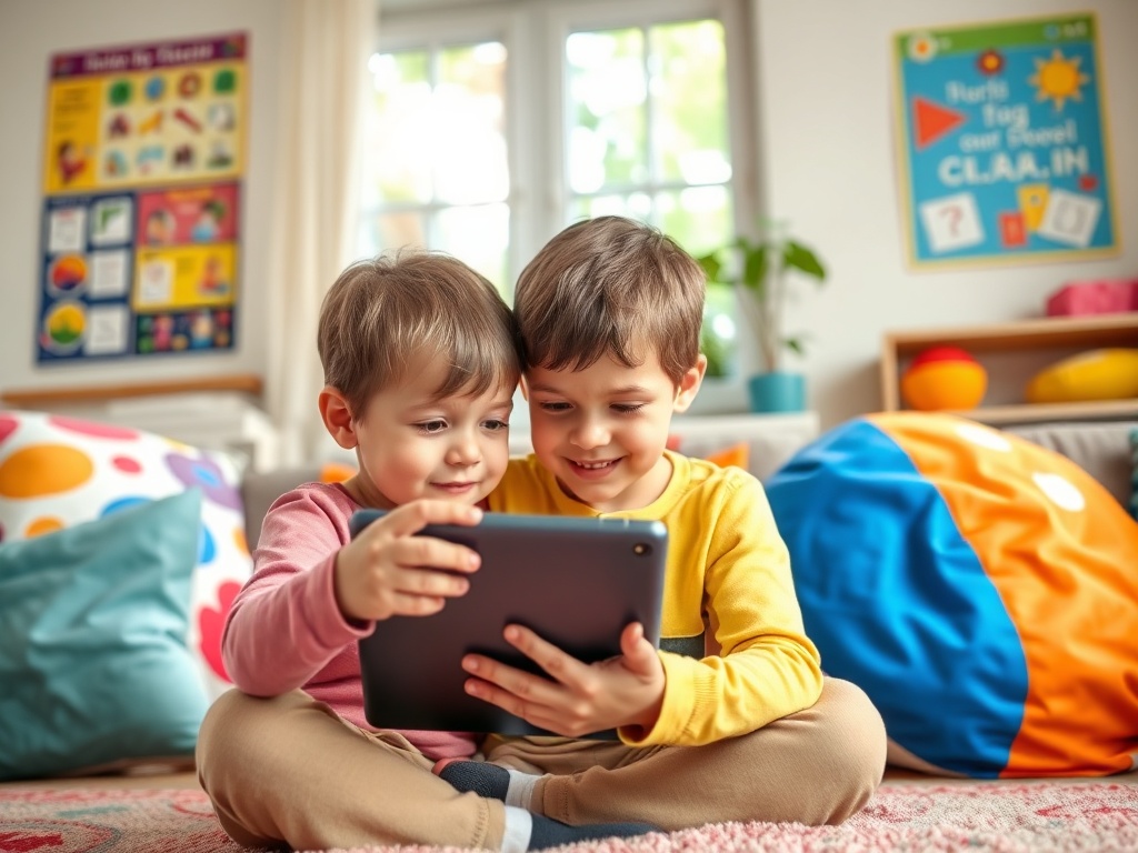 Два мальчика улыбаются и смотрят в планшет, сидя на полу в яркой комнате с мягкими подушками.