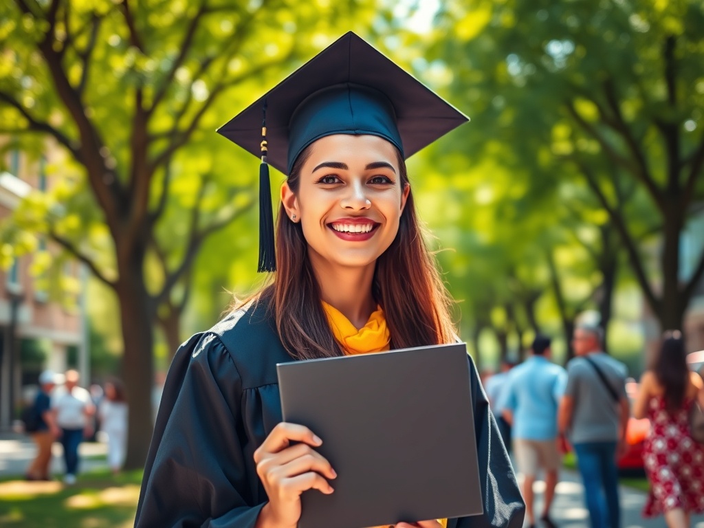 Счастливая выпускница в академической форме держит диплом на фоне зелёных деревьев и гуляющих людей.