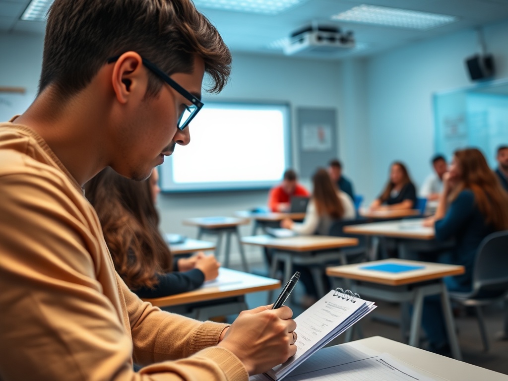 Студент записывает информацию на занятии в аудитории с другими учащимися.