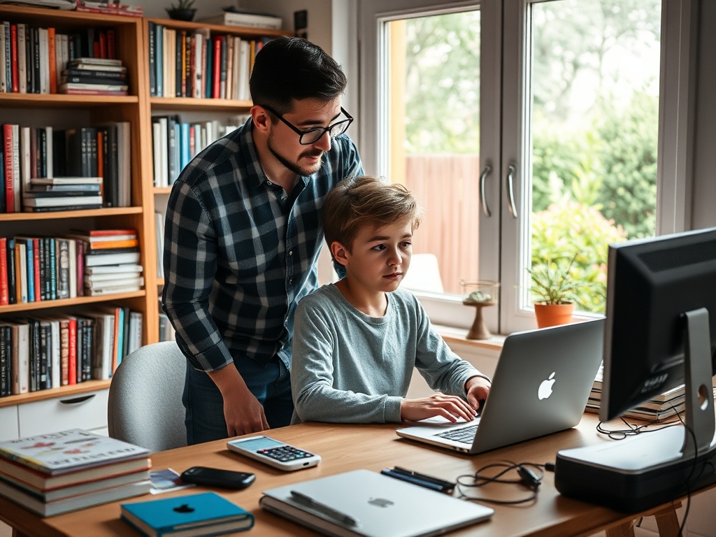 На изображении отец помогает сыну с компьютером в уютном книжном офисе. Оба сосредоточены на экране.