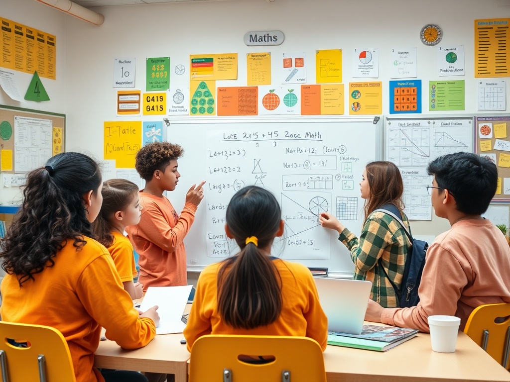 Ученики обсуждают математику на уроке, внимательно слушая преподавателя и изучая доску.