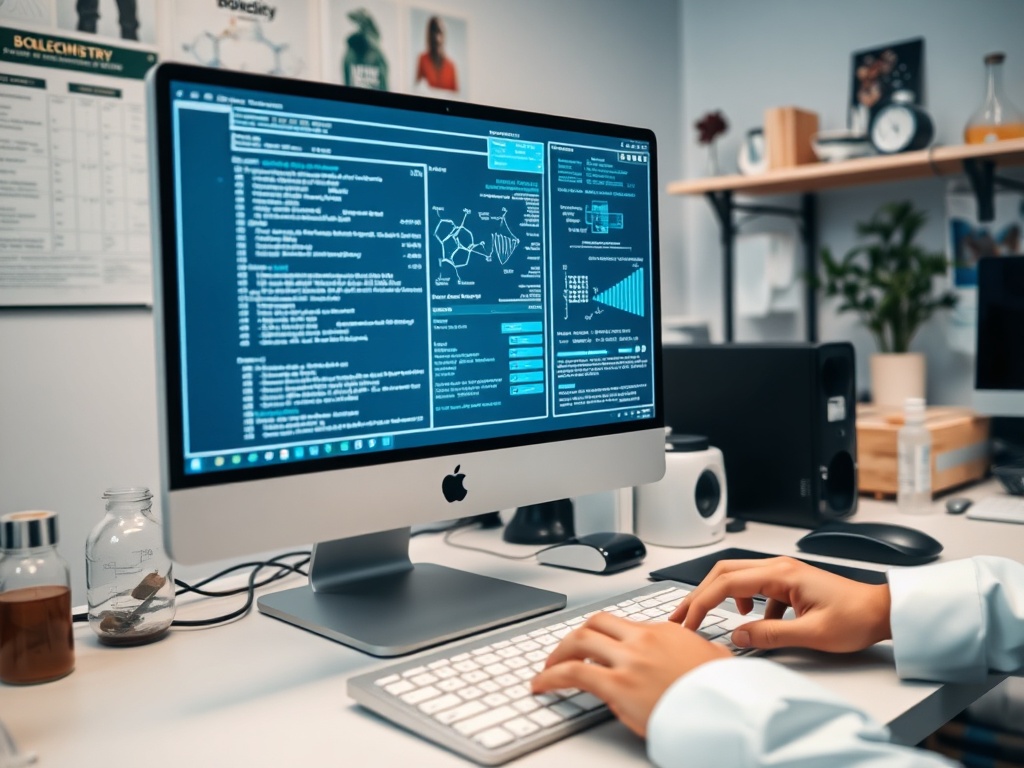 На изображении показан компьютер с кодом и графиками, а также руки человека, работающего за клавиатурой.