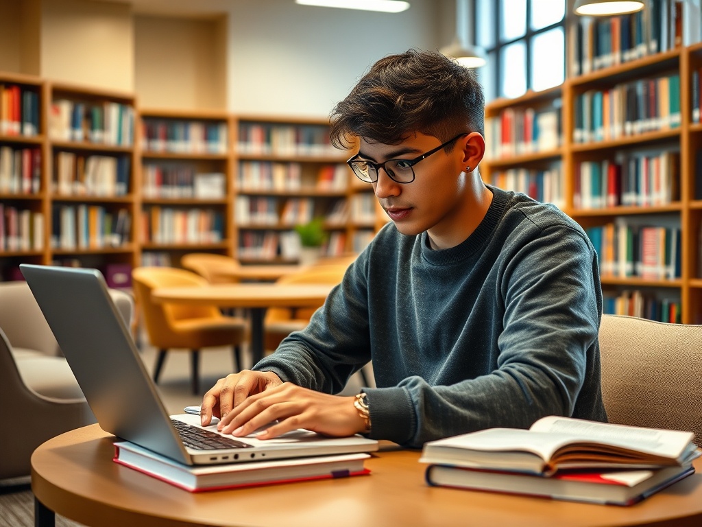 Молодой человек с ноутбуком изучает материалы в библиотеке, окружённый книжными полками.