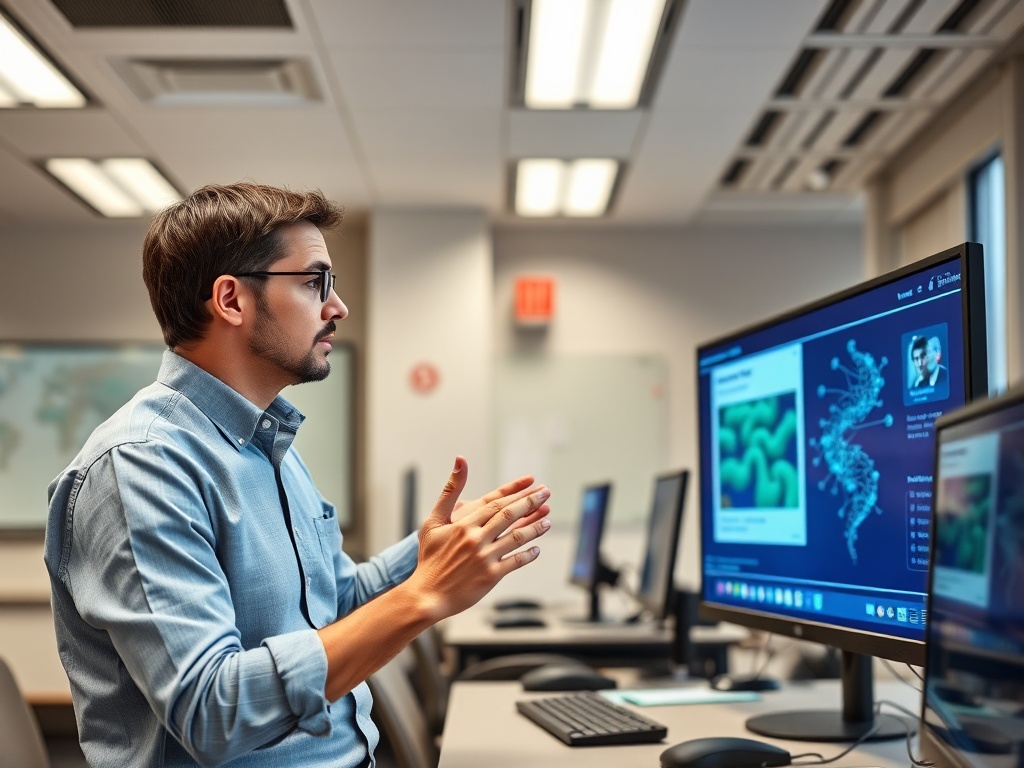 Молодой человек в деловой одежде обсуждает данные на экране компьютера в офисе.