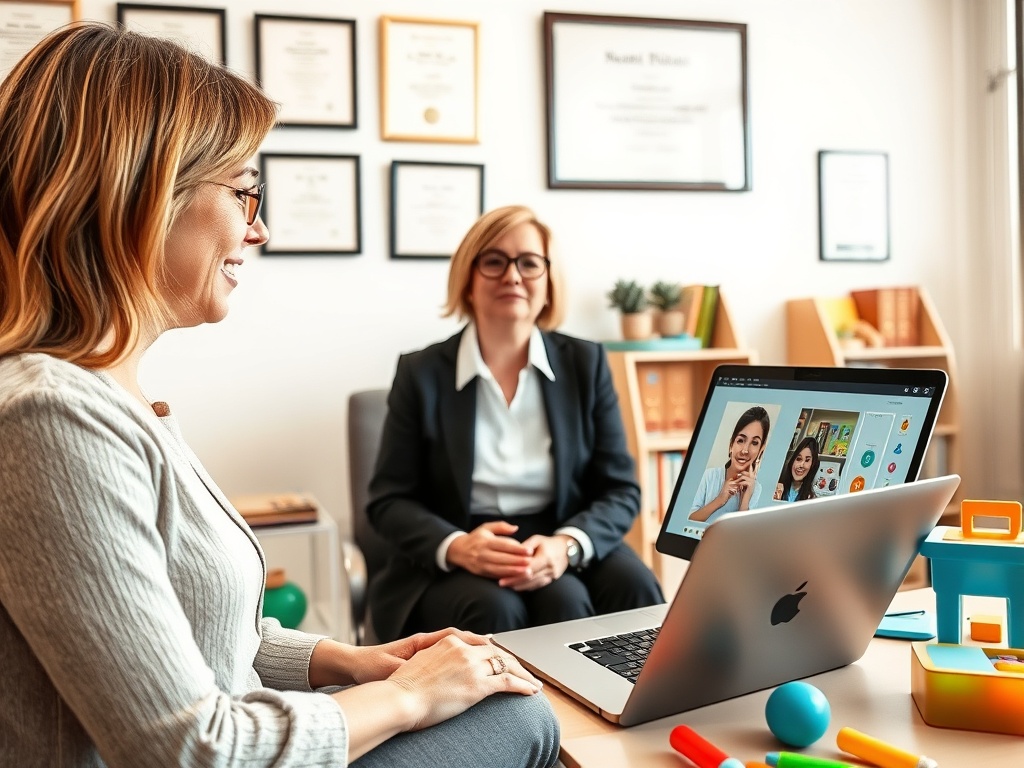 Две женщины общаются через видеозвонок. Одна из них улыбается, на заднем плане дипломы и офисные аксессуары.