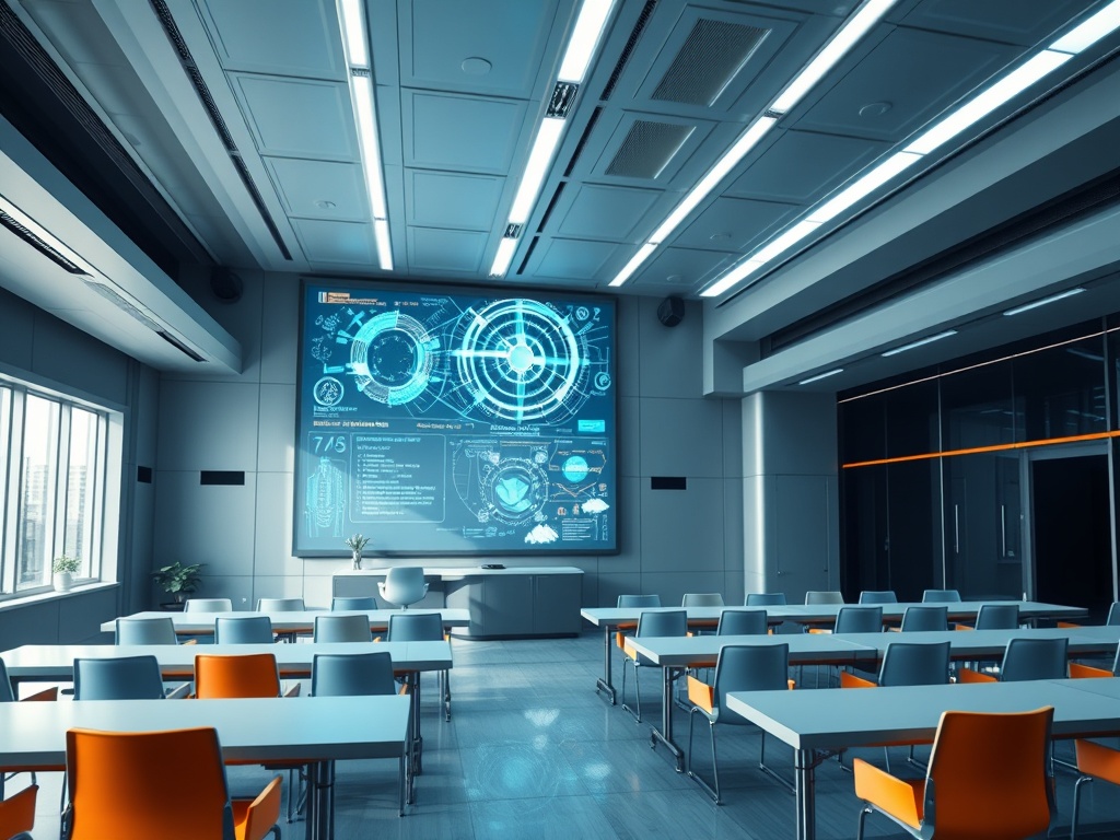 Современный учебный класс с экраном, отображающим графики и данные, и стульями с оранжевыми акцентами.